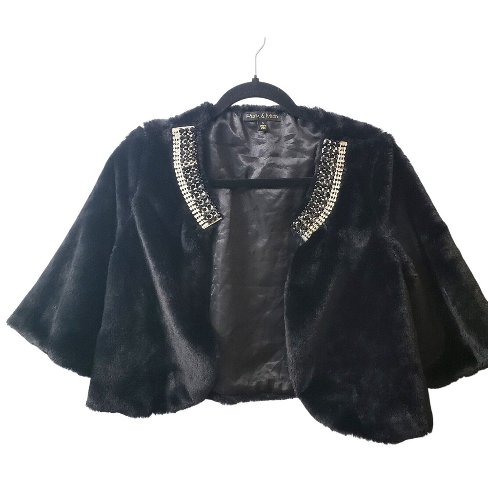 Park & Main Black Faux Mink Fur Shrug Bolero Rhinestone Embellished Small‎